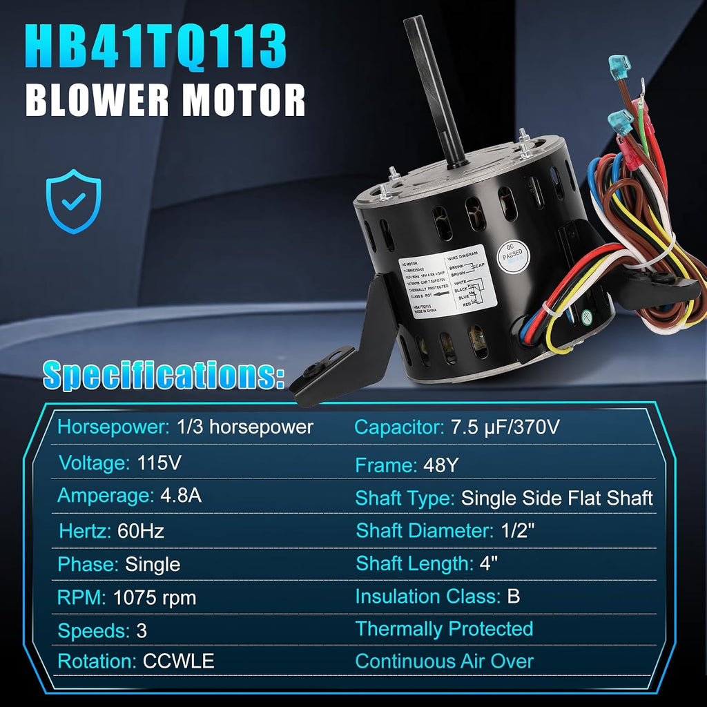 HB41TQ113 Furnace Blower Motor for Carrier, 1/3 HP 115V 1075 RPM, Capacitor