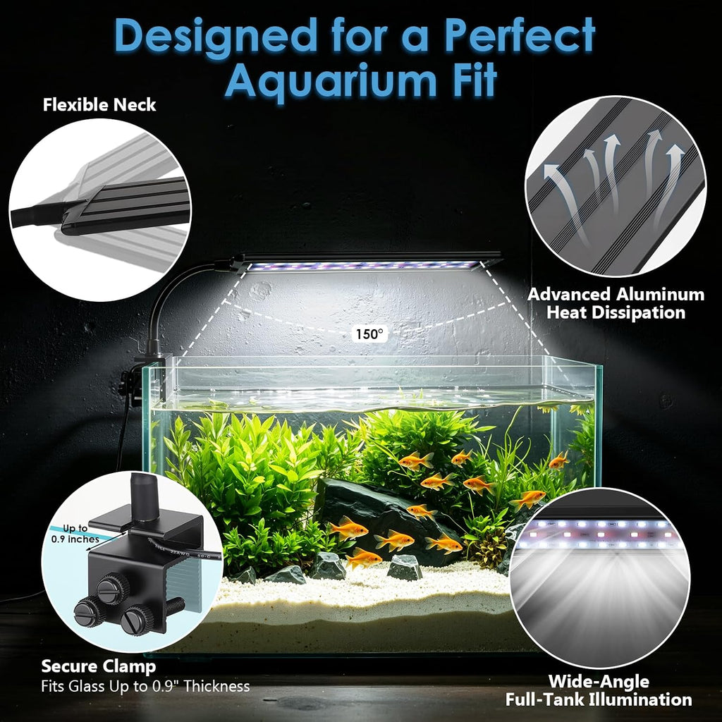 Clip On Aquarium Light for Plants Full Spectrum Fish Tank Light | 24/7 Natural Mode & DIY RGBW Mode, 6 Timer