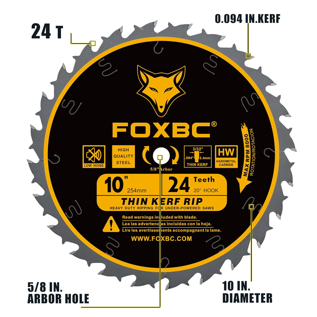 10-Inch Flat Tooth Ripping Table Saw Blade for Wood Cutting, 24-Tooth, Thin Kerf with 5/8-Inch Arbor