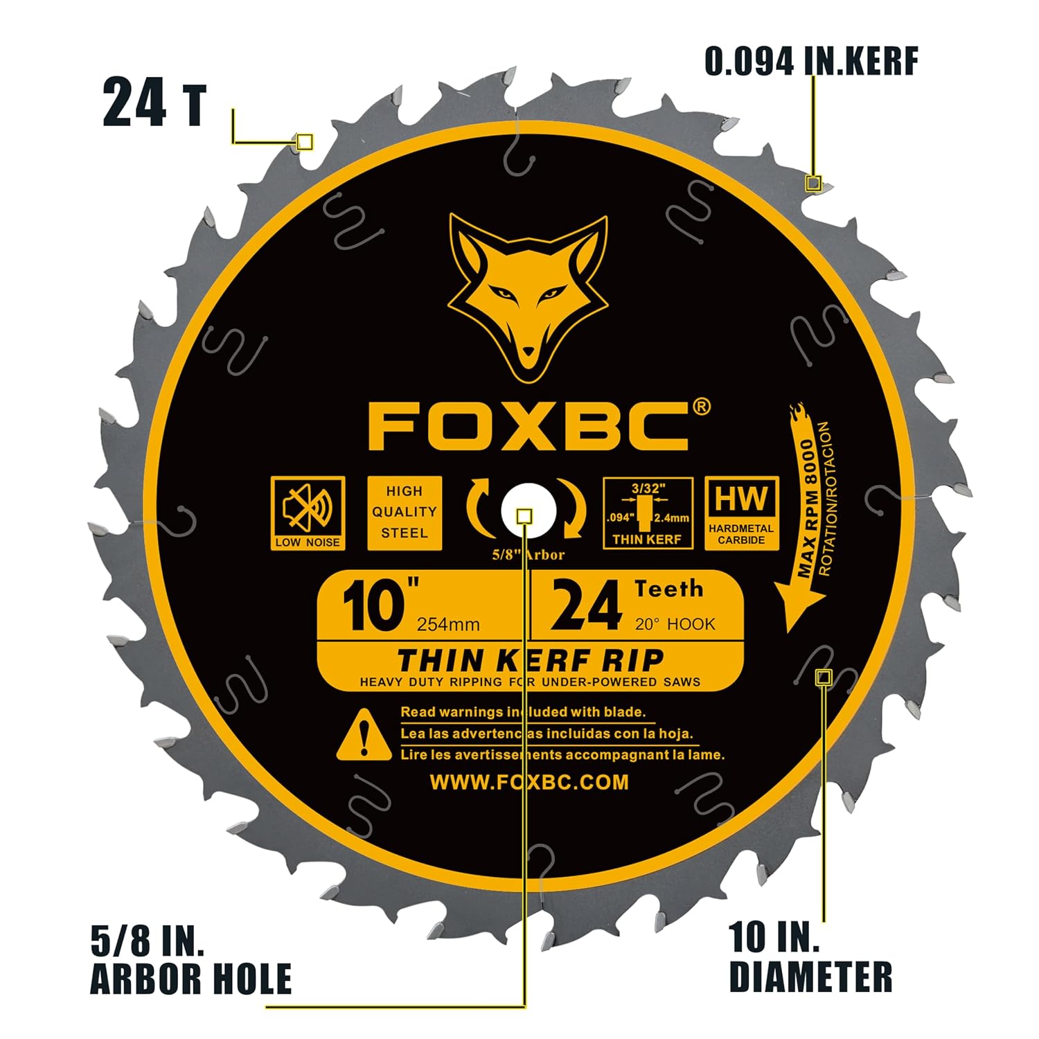 10-Inch Flat Tooth Ripping Table Saw Blade for Wood Cutting, 24-Tooth, Thin Kerf with 5/8-Inch Arbor