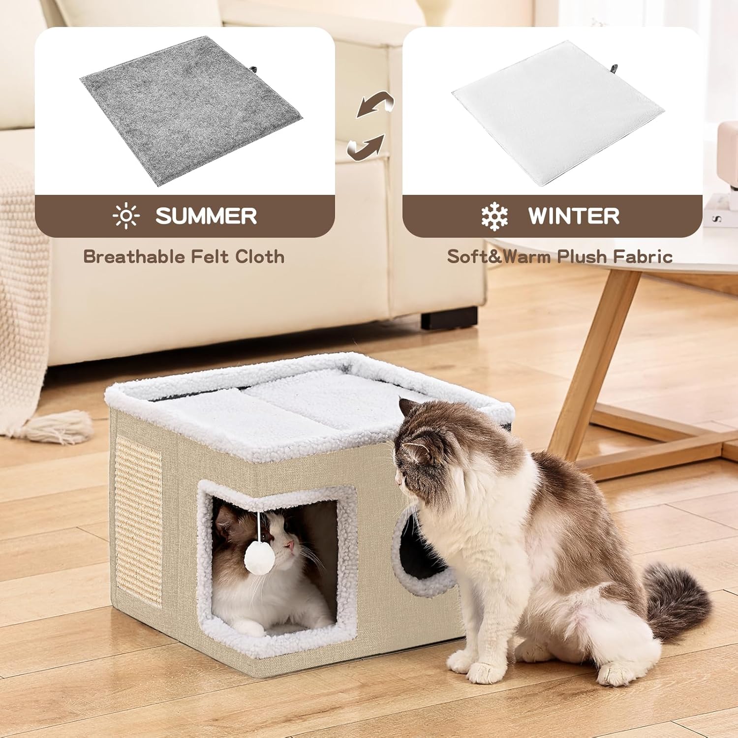 Cat Beds for Indoor Cats Houses, Large Cat Cave with Fluffy Ball and Scratch Pad, Foldable Cat House with Hideaway
