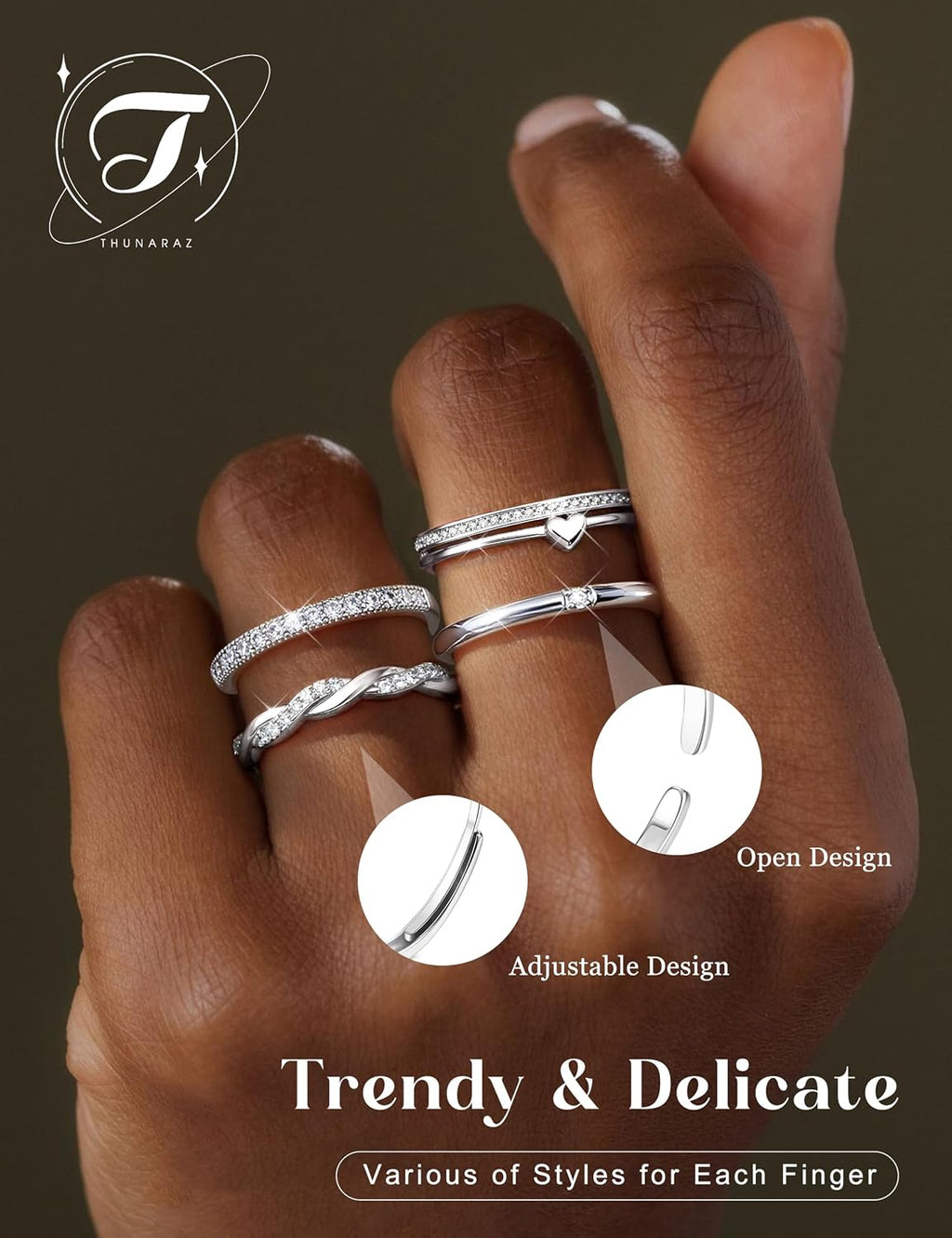 Gold Stackable Rings for Women Non Tarnish Open Adjustable 14K Gold Plated Rings Trendy Stack Cubic Zirconia Thin
