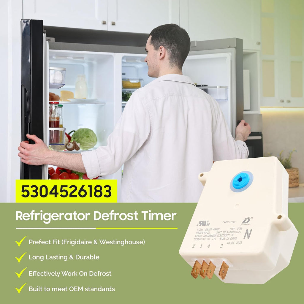 OEM 5304526183 Refrigerator/Freezer Defrost Timer for Frigidaire and Westinghouse (6hr 40min) 5304522331, 4960382 AP7014390 EAP16227343, DHSH-640-2A PS16227343, A12859004/C Refrigerator Defrost Timer