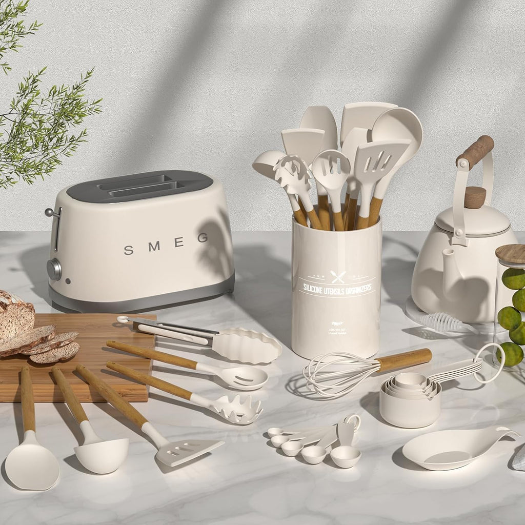 Kitchen Cooking Utensils Set, 33 pcs Non-Stick Silicone Cooking Kitchen Utensils Spatula Set with Holder, Wooden