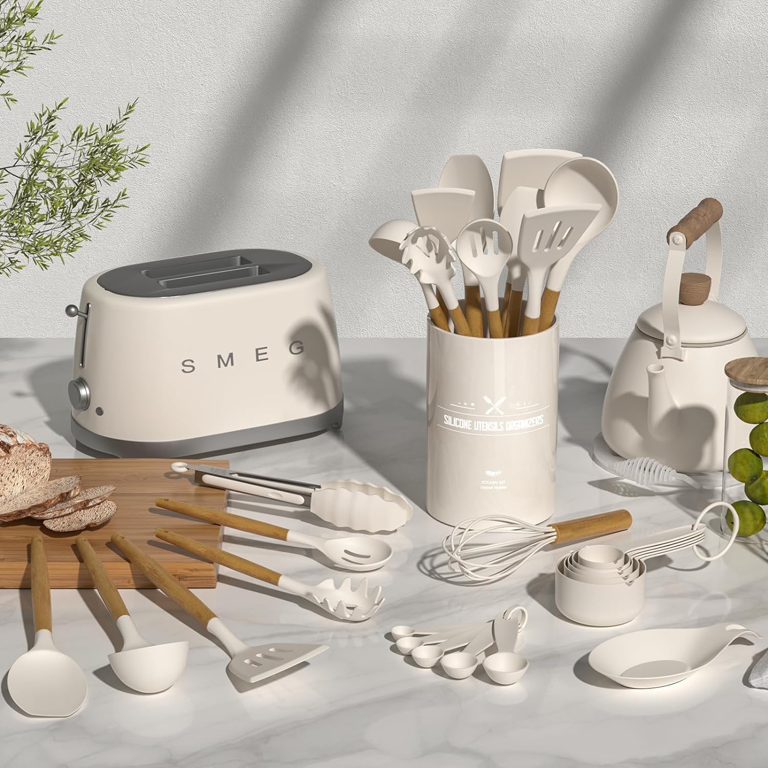 Kitchen Cooking Utensils Set, 33 pcs Non-Stick Silicone Cooking Kitchen Utensils Spatula Set with Holder, Wooden