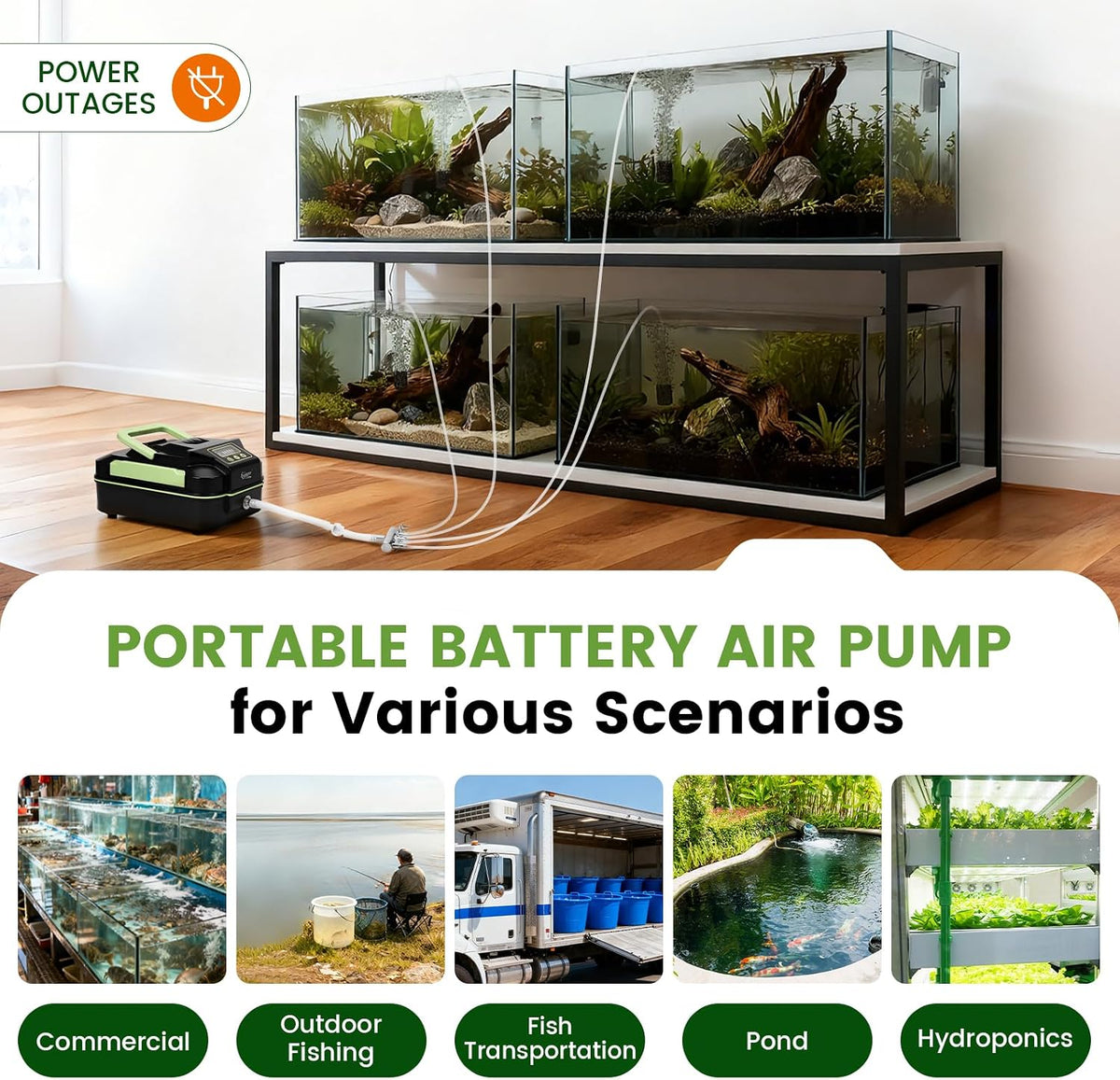 Powerful Rechargeable Aquarium Air Pump, Adjustable Battery-Powered Oxygen Aerator for Fish Tank Emergency