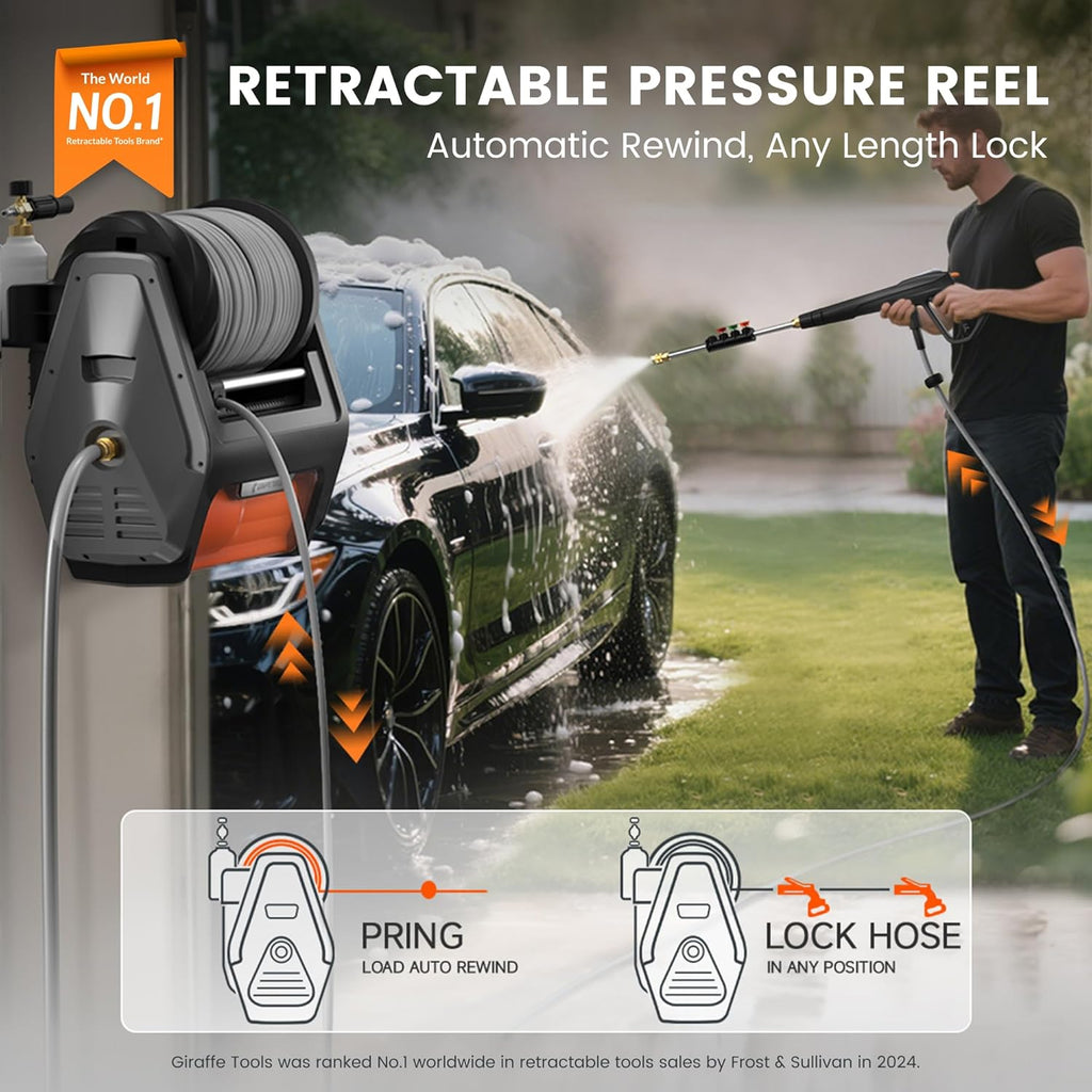Grandfalls Retractable Wall Mounted Pressure Washer Pro, 3700 PSI, 1.6 GPM Electric Power Washer, Automatic Rewind