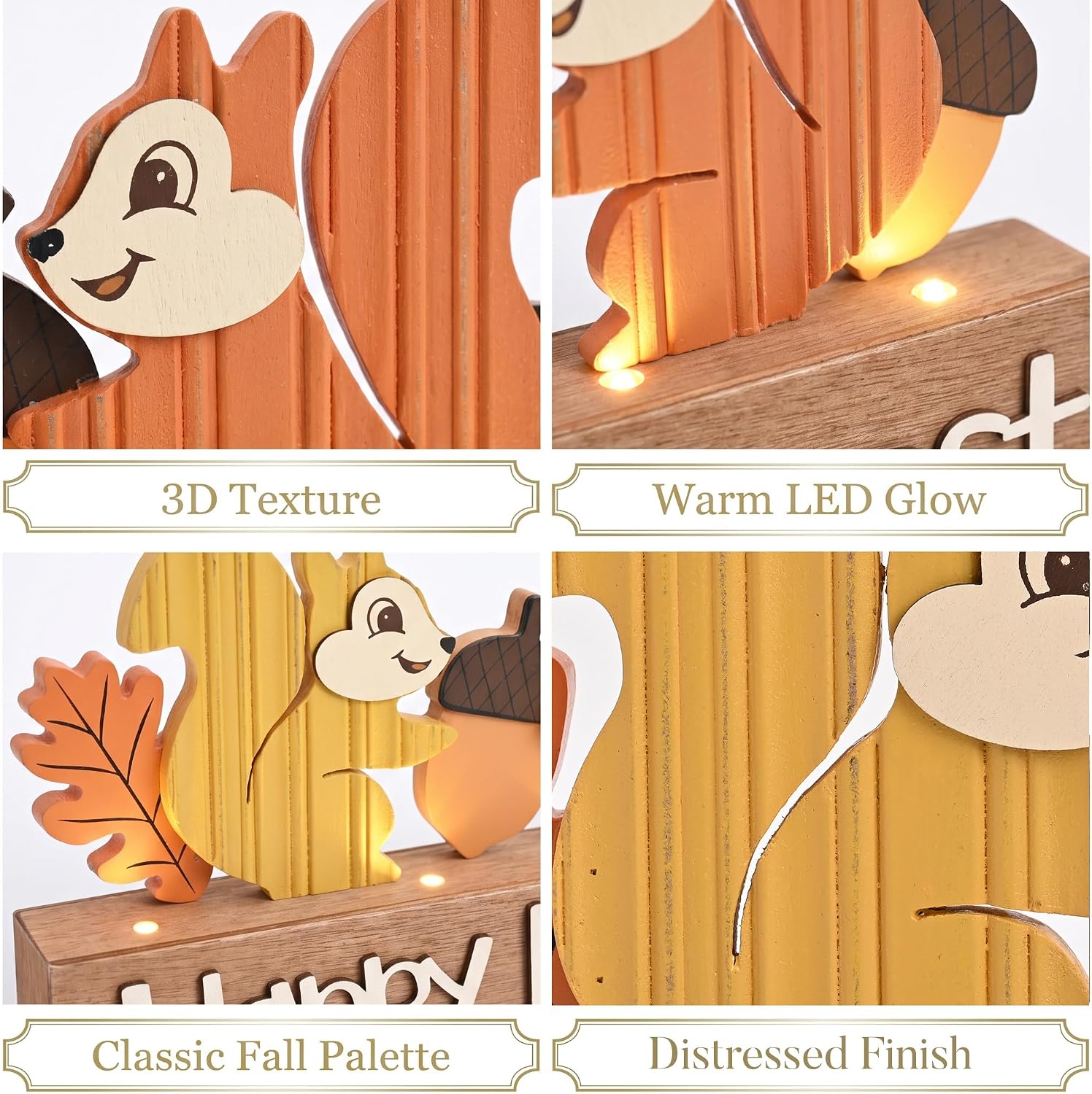 Fall Decorations for Home with LED Lights, Lighted Fall Decor Featuring Squirrel, Acorns and Oak Leaves, Autumn