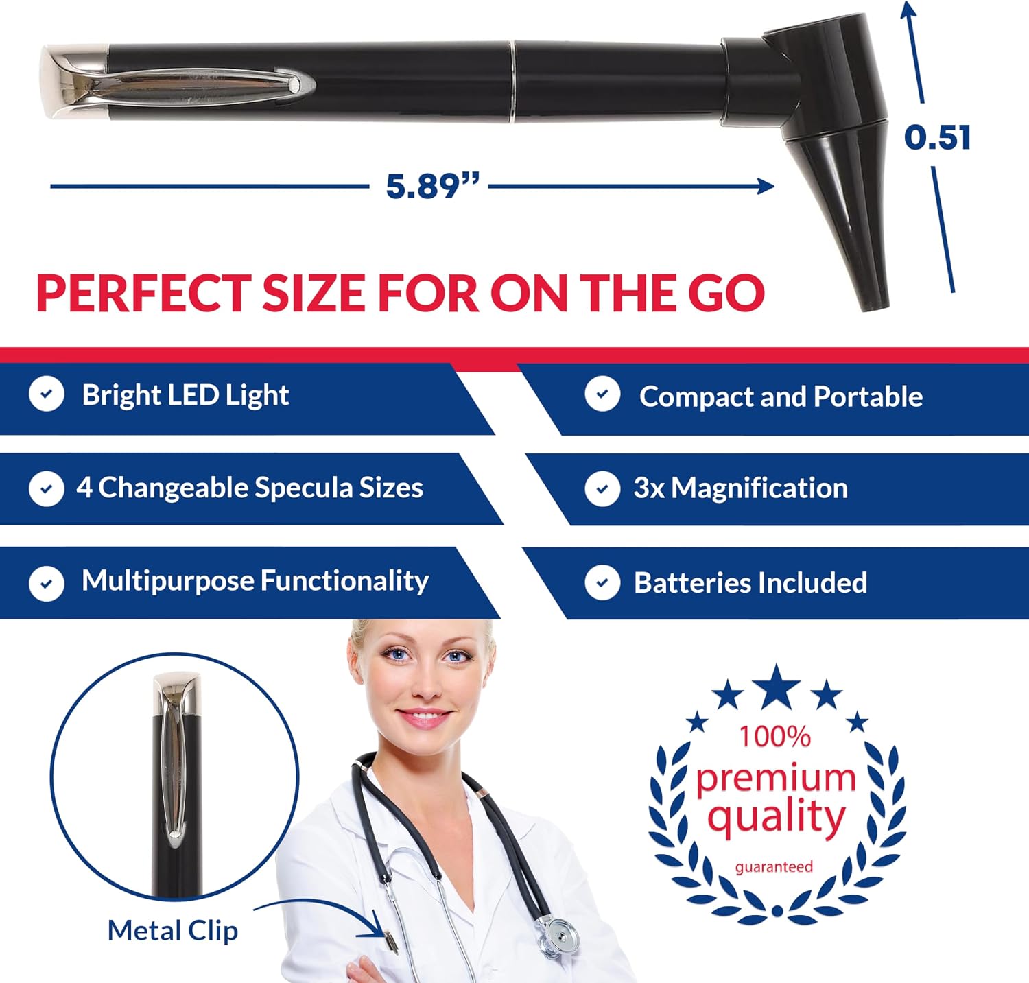 Basic Medical Pocket Size Otoscope with LED Light, Clip and 4 Specula Sizes for Students, EMTs, Nurses, Doctors, and