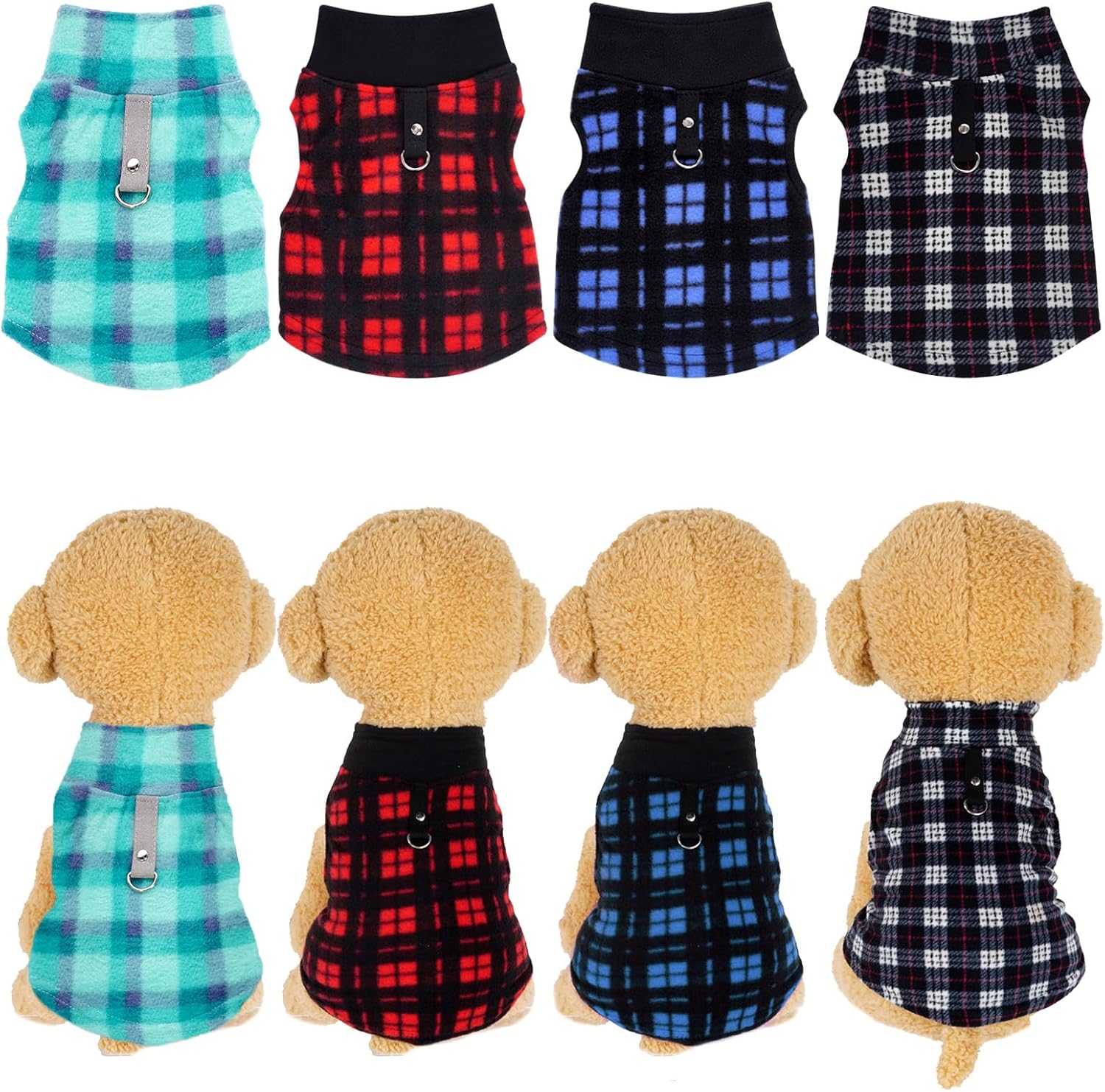 4 Pieces Buffalo Plaid Dog Sweaters with Leash Ring Soft Fleece Vest Dogs Pullover Warm Jacket Pet Dogs Clothes