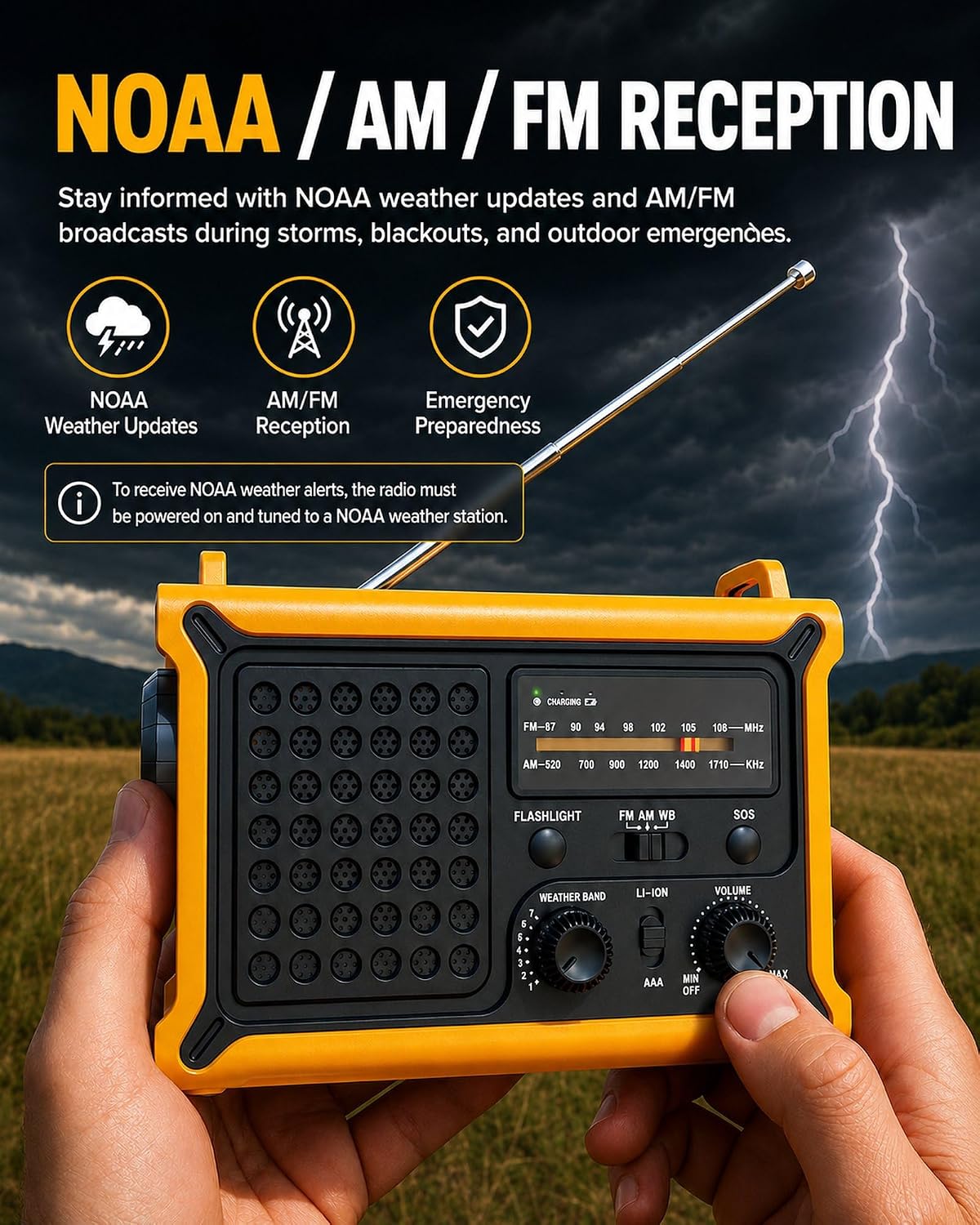 Emergency Radio with Hand Crank & Solar, NOAA Weather Band, AM/FM, 12000mAh | 8500mm² Solar Panel, Clear AM/FM