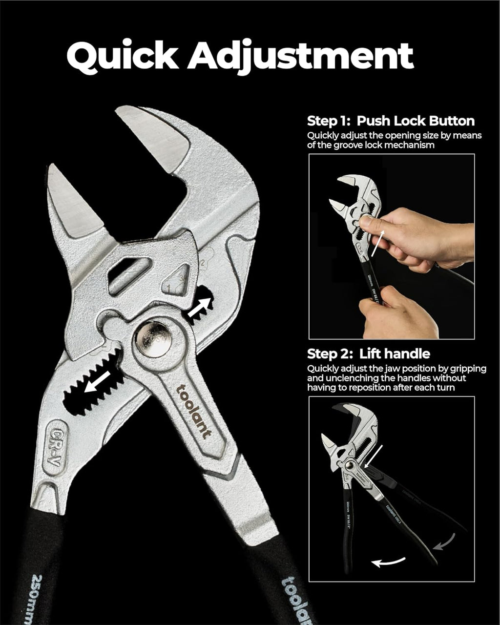 7-Inch Chrome Plated Pliers Wrench, CR-V Adjustable Wrench with Anti-Rust Coating, Smooth Parallel Jaws, Rubber