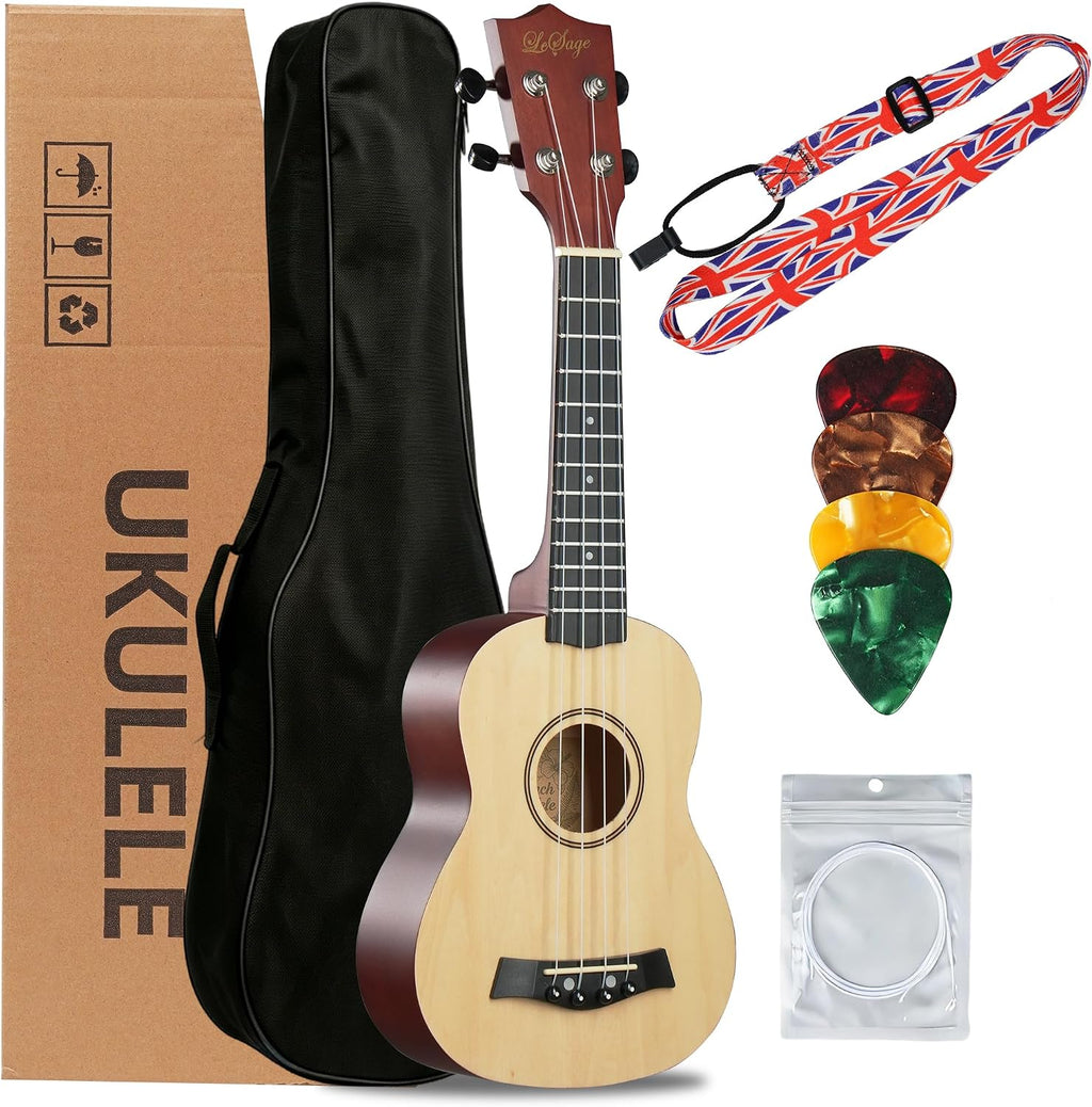 Soprano Ukulele Starter Kit, 21 Inch Basswood Hawaiian Uke with Gig Bag, Strap, Nylon Strings, Picks, Beginner