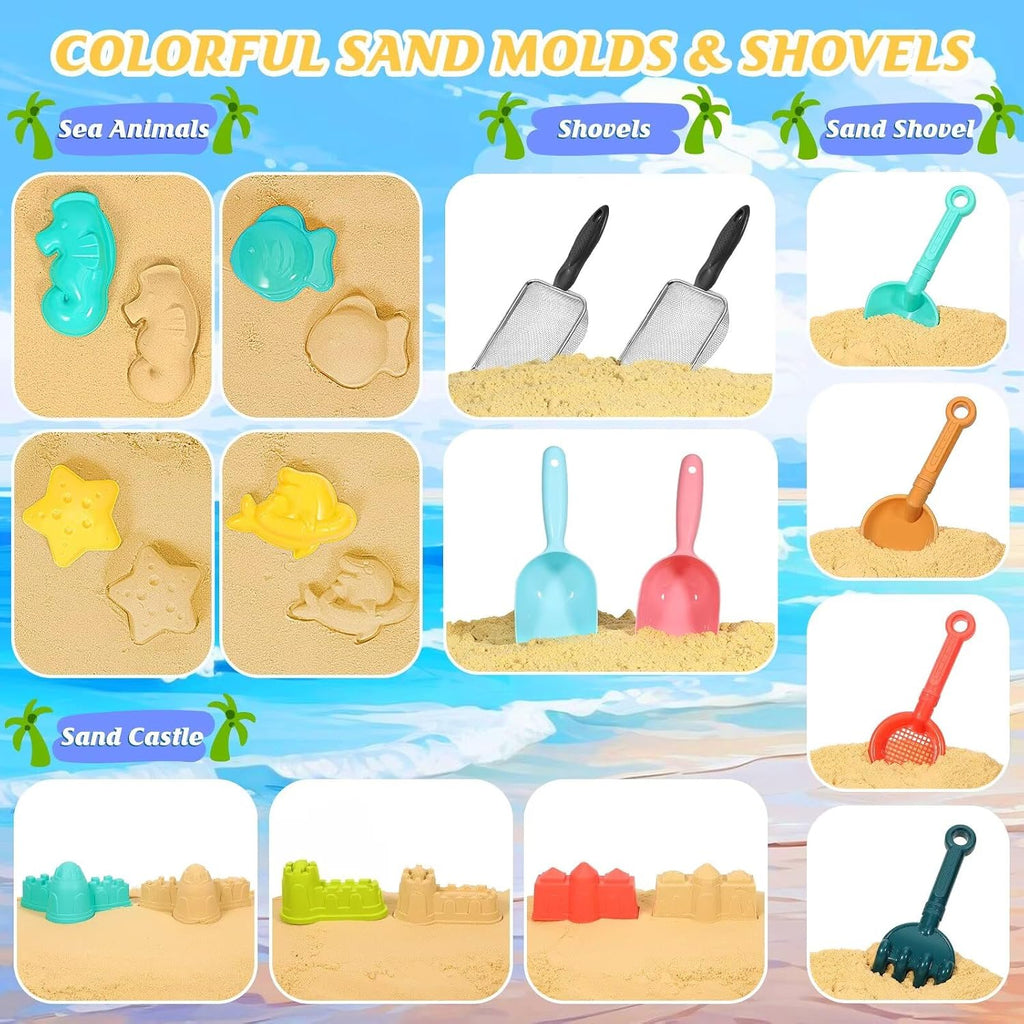 Beach Sand Toys Set,Travel Sand Toys Beach Essentials for Kids Age 3-10 | Sand Castle Building Kit with 2 Collapsible