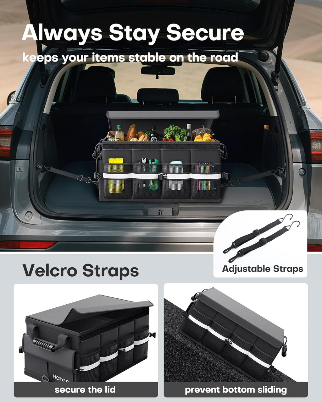 Car Trunk Organizer - Foldable Trunk Organizer for SUV, Car Storage with Reflective Strips & Securing Cover, Large