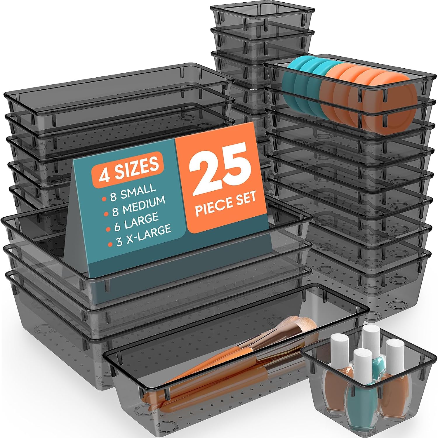 25 PCS Plastic Drawer Organizer Set, 4-Size Versatile Organizer Tool Trays & storage Bins for Makeup, Jewelry, and
