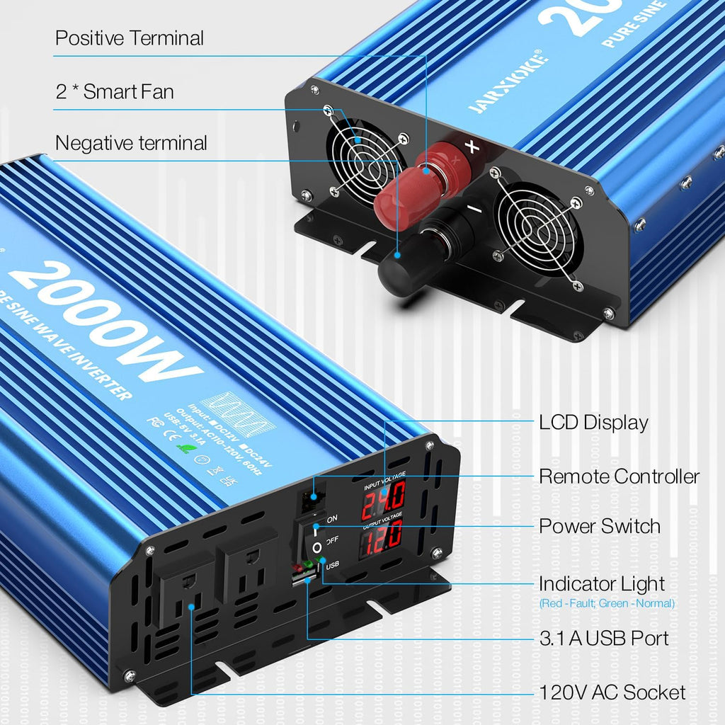 2000 Watt Pure Sine Wave Power Inverter, 12V DC to 110 Vdc to 120 Vdc, for Home, RV and Off-Grid Solar Systems, with