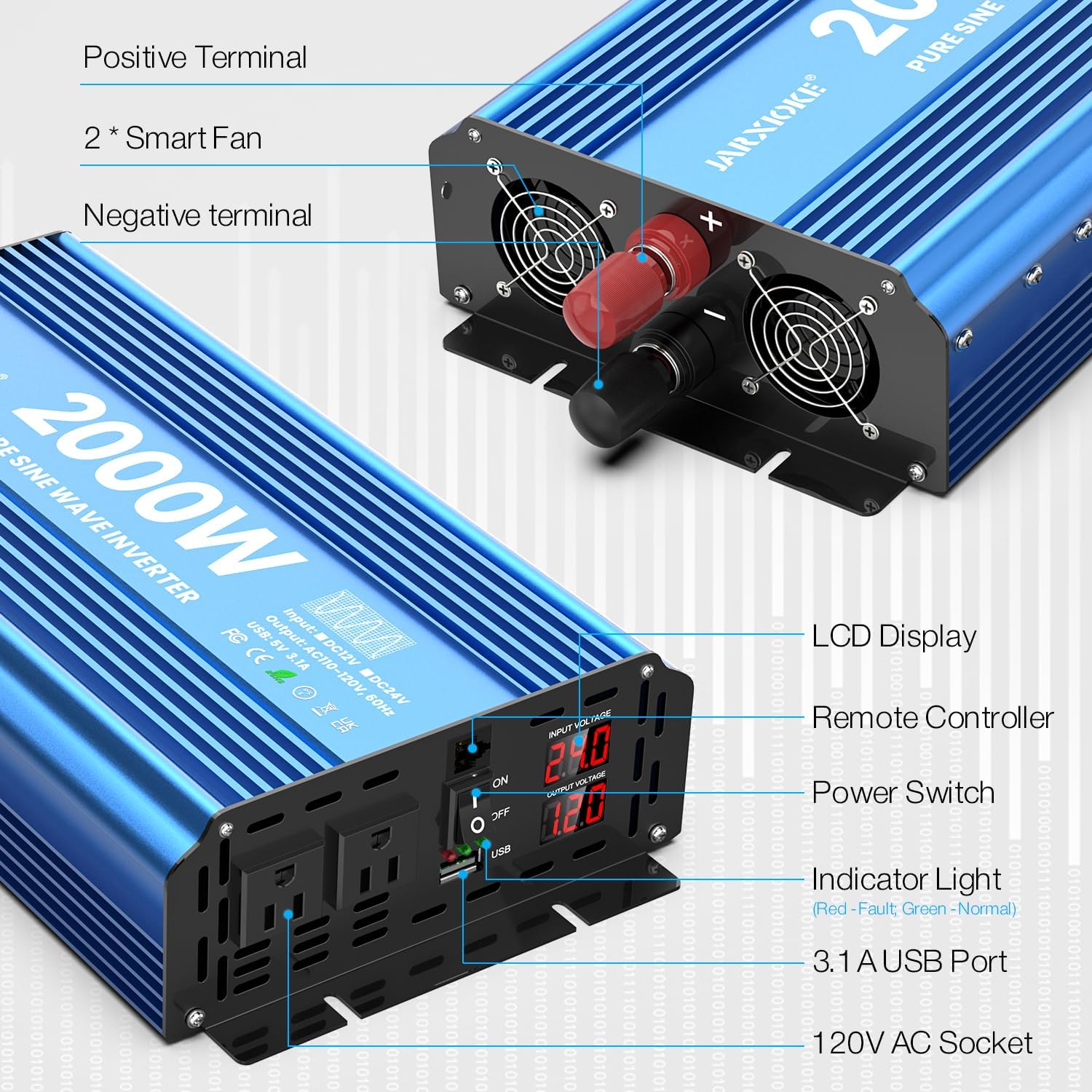 2000 Watt Pure Sine Wave Power Inverter, 12V DC to 110 Vdc to 120 Vdc, for Home, RV and Off-Grid Solar Systems, with