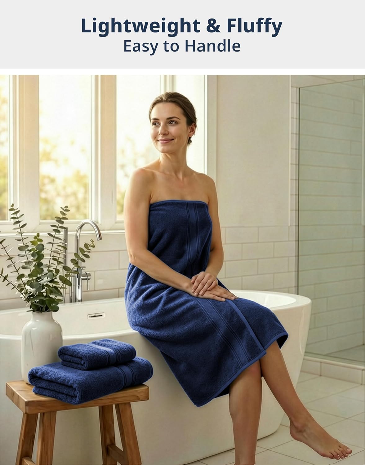 Bath Towel Set 100% Cotton 6 Piece Soft Absorbent - Navy | Shower Towels - Generously Sized, Oversized & Roomy