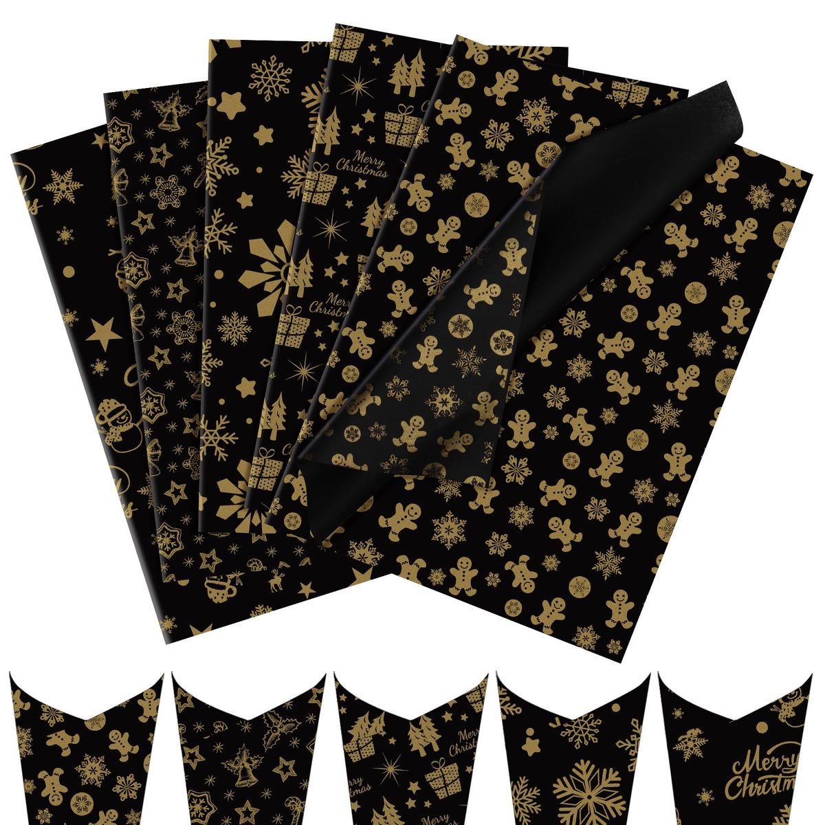 Christmas Tissue Paper, 50 Pcs Metallic Black Gold Tissue Paper for Gift Bags Craft Packaging Cute Gingerbread