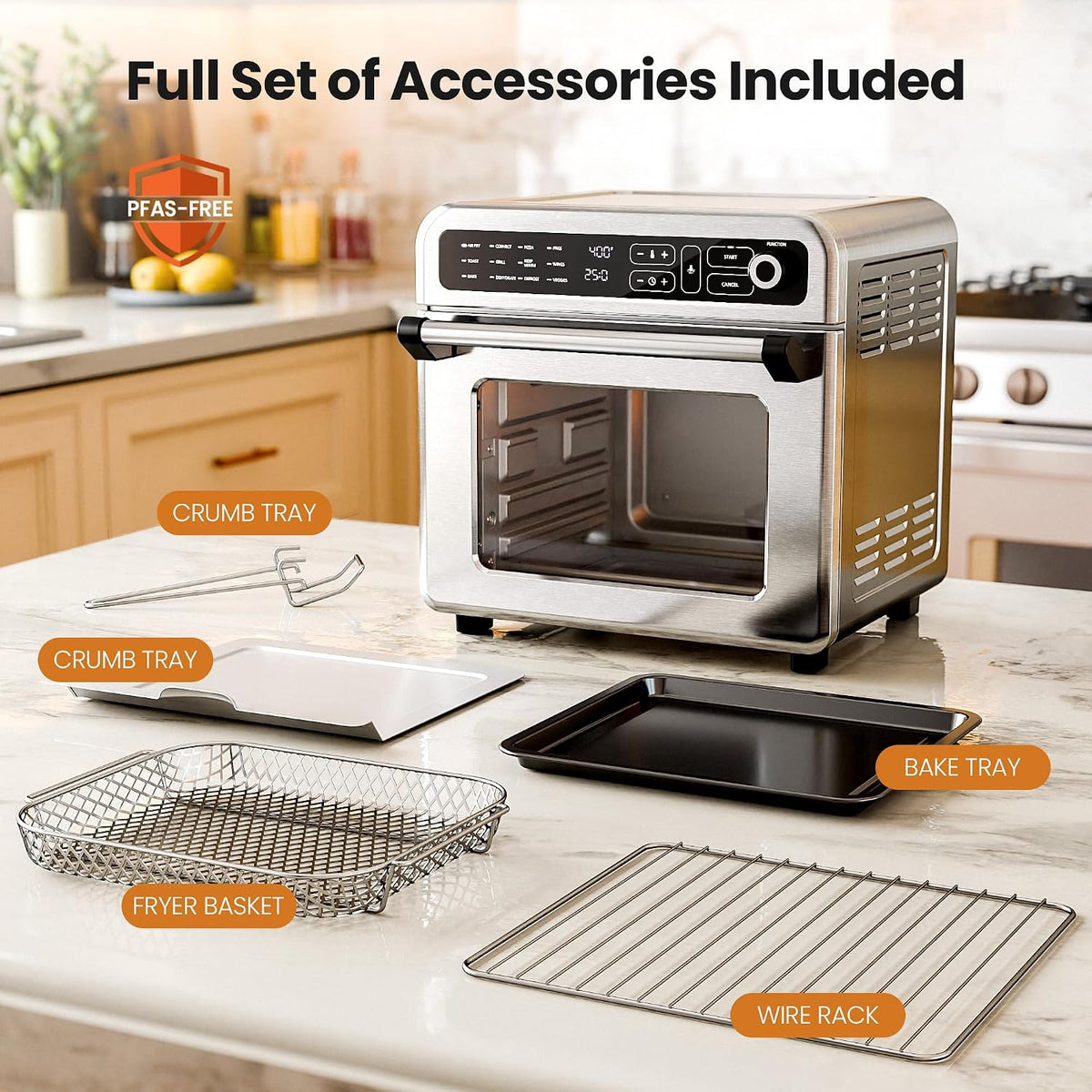 18QT Air Fryer Toaster Oven Combo, 12-in-1, Stainless Steel, Silver | Non-Toxic Countertop Convection Oven with