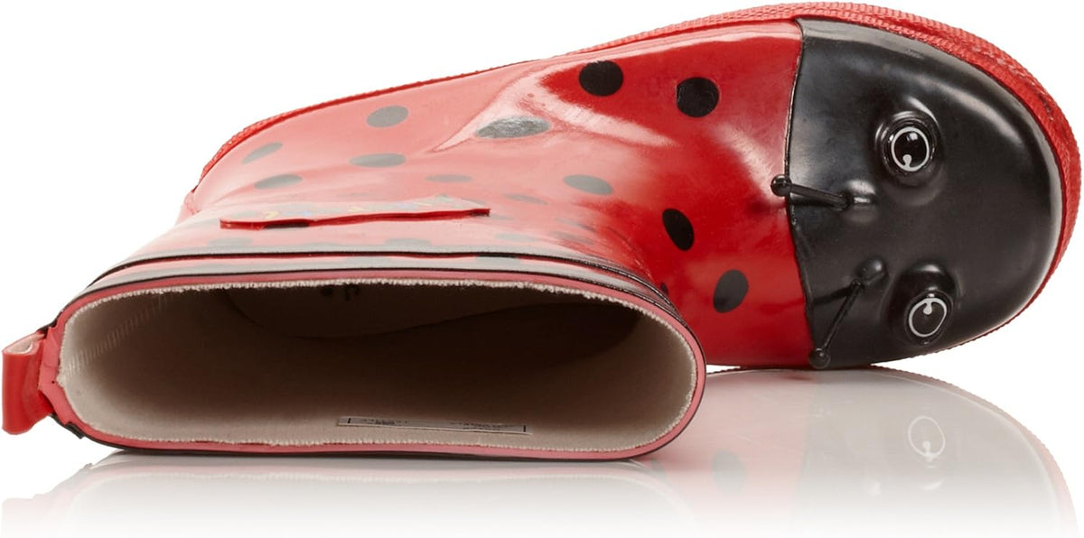 Red Ladybug Natural Rubber Rain Boots With A Pull On Heel Tab