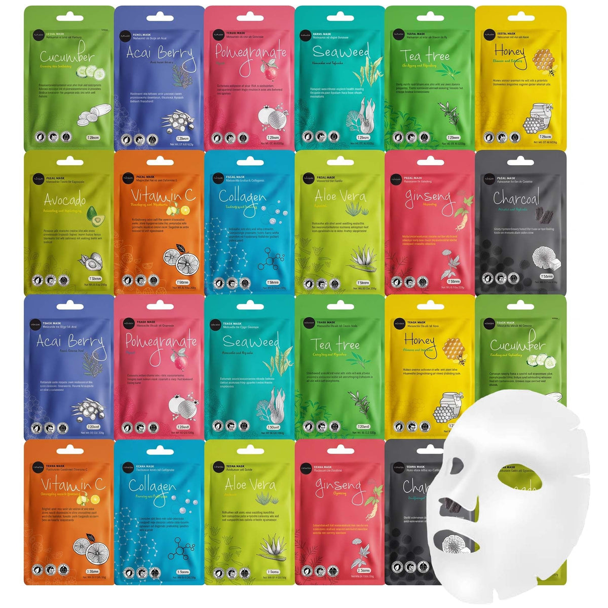 Celavi Korean Face Mask Sheet Set, Facial Spa Masks, 24 Pack