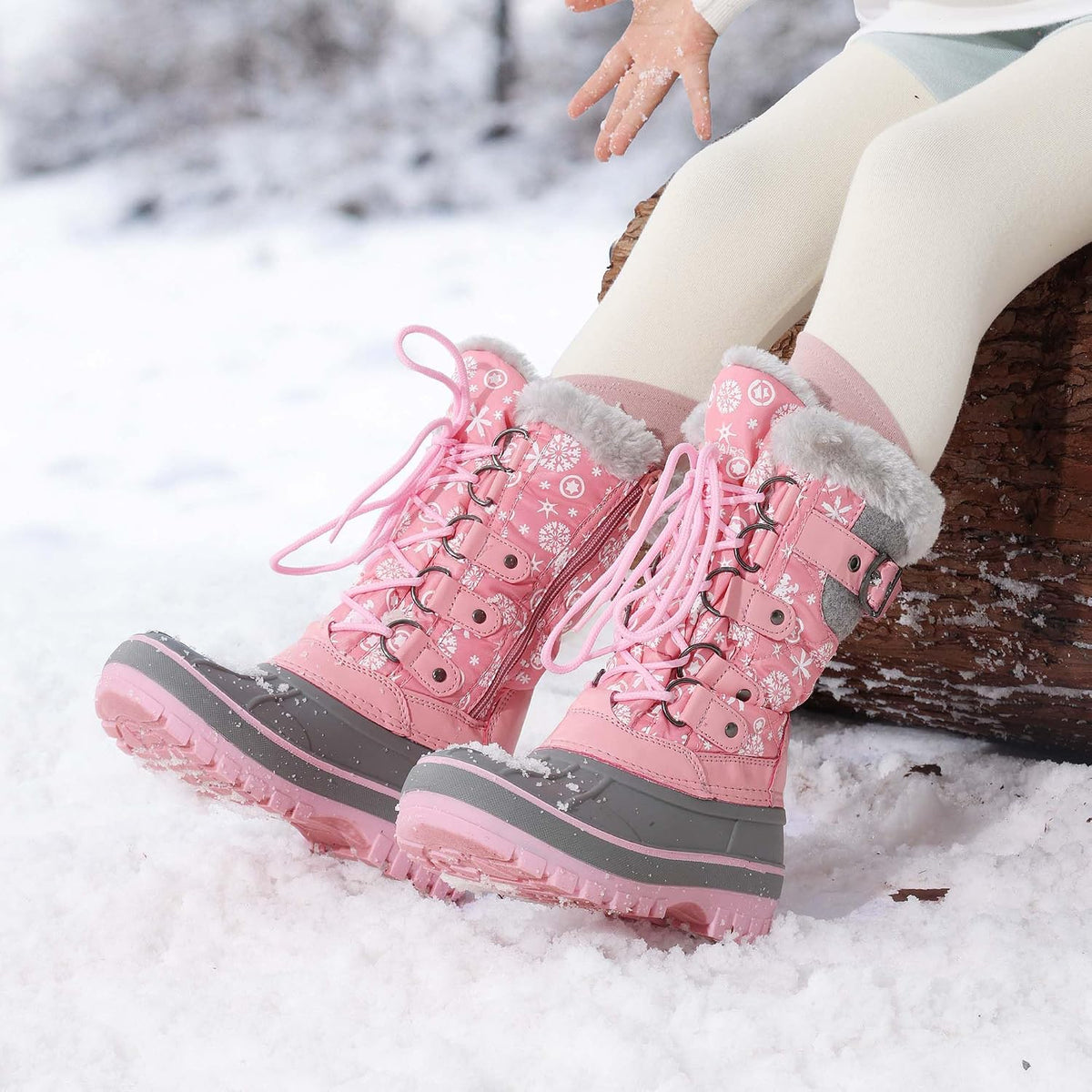 Girls Snow Waterproof Winter Boots | Warm Faux Fur Lined Outdoor Secure Grip Anti Slip Outsole Easy Wear Windproof