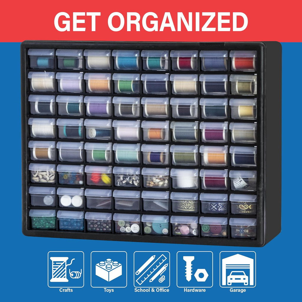 64-Drawer Plastic Storage Cabinet, 20" W x 6" D x 16" H, Black