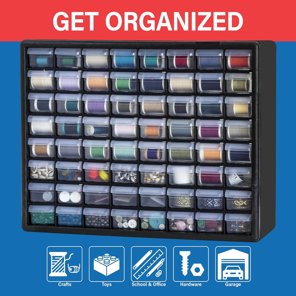 64-Drawer Plastic Storage Cabinet, 20" W x 6" D x 16" H, Black