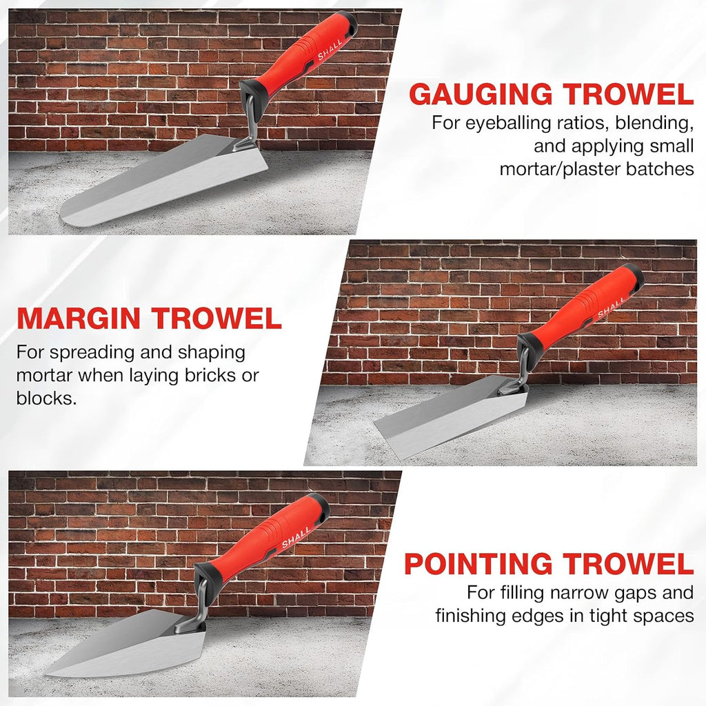 3-Piece Masonry Tools Set, 6’’ Margin Trowel, 5.5’’ Pointing and 7’’ Gauging Trowel with Soft Grip Handle
