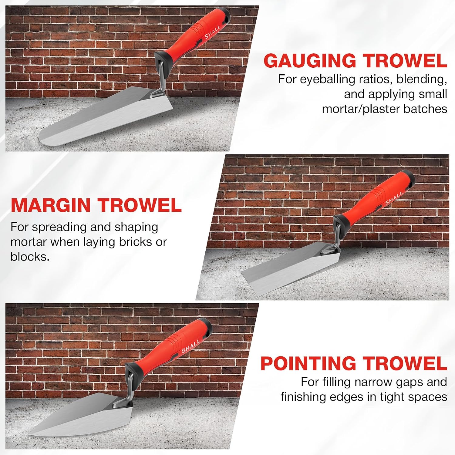 3-Piece Masonry Tools Set, 6’’ Margin Trowel, 5.5’’ Pointing and 7’’ Gauging Trowel with Soft Grip Handle