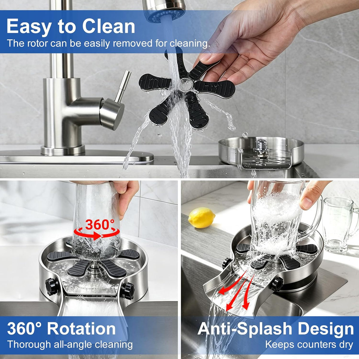 Stainless Steel Glass Rinser for Kitchen Sink with Removable Water Outake Port, Cup & Bottle Washer with Wide Spray