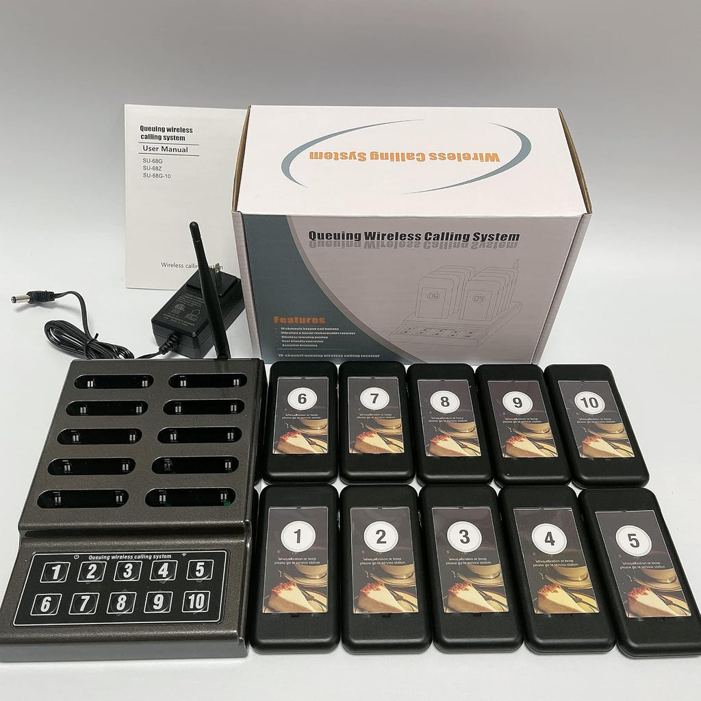 Wireless Queue Calling System 10 Pager Buzzers+1 Number Call