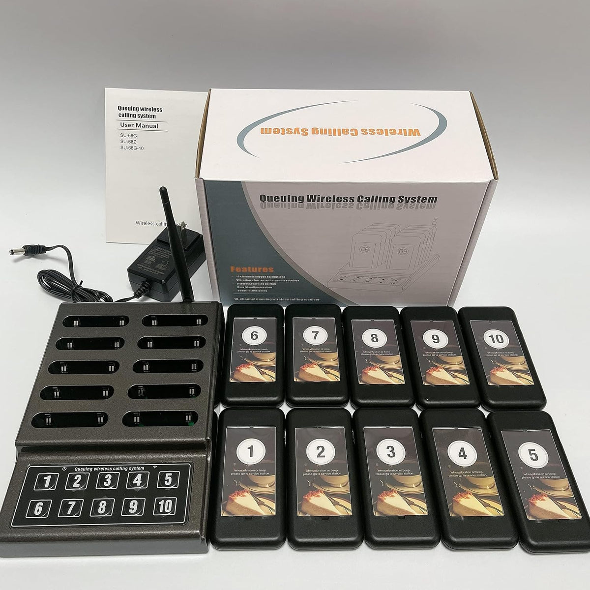 Wireless Queue Calling System 10 Pager Buzzers+1 Number Call