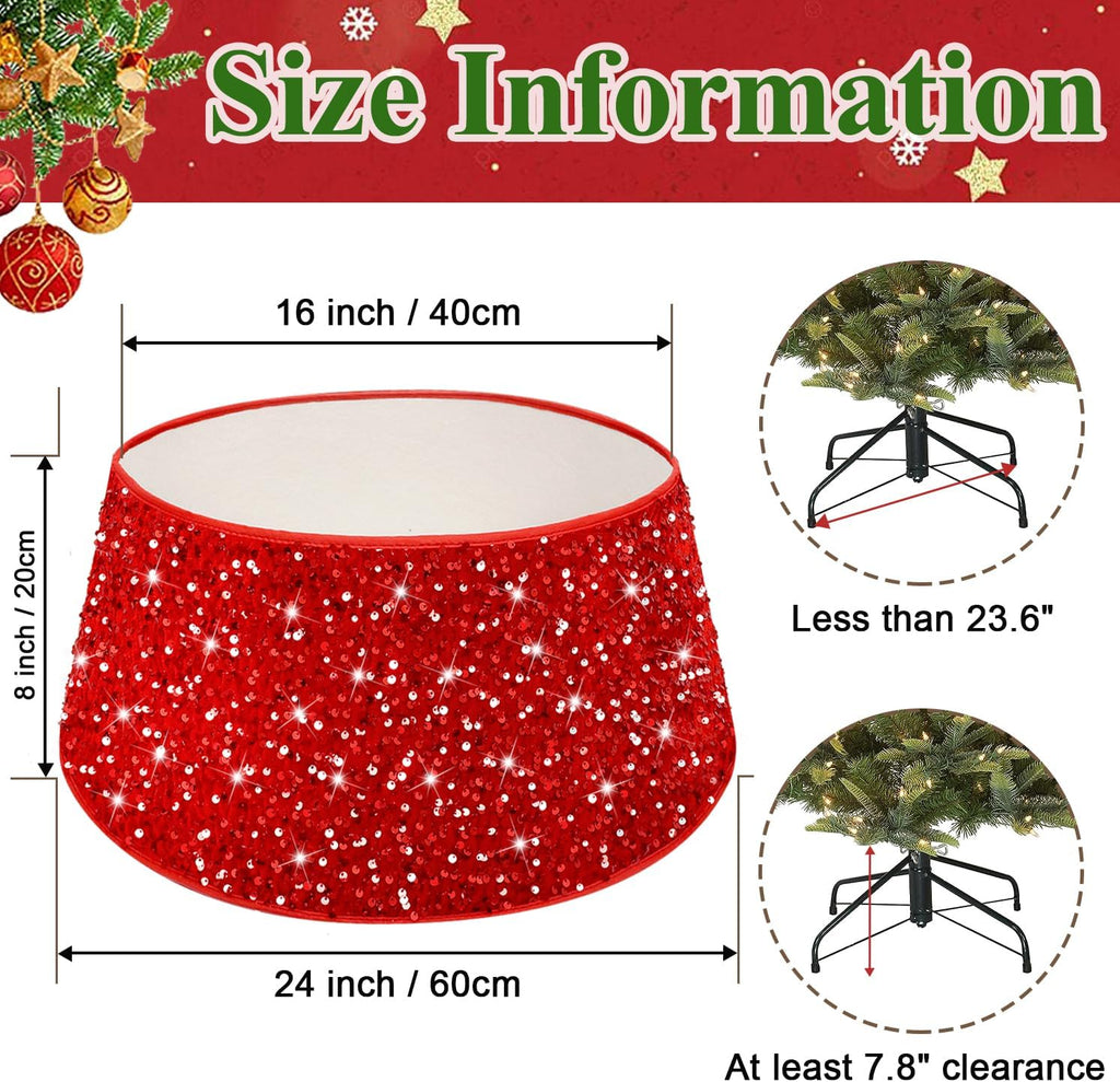 Red Christmas Tree Collar Glittery Xmas Tree Rings Sequins Christmas Tree Base 24 Inch Velvet Xmas Tree Skirt
