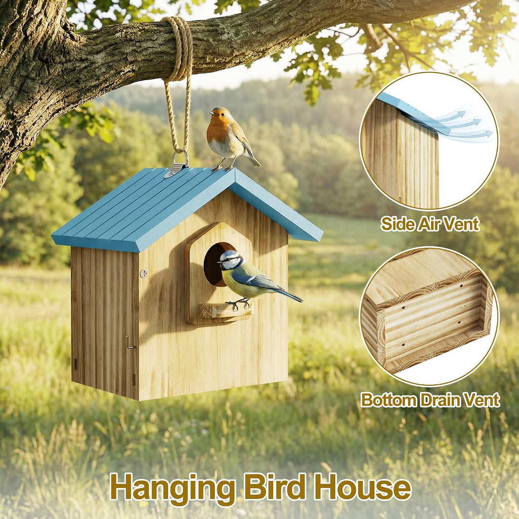 Bird House for Outside, Wooden Hanging Bird Nesting Box with Perch