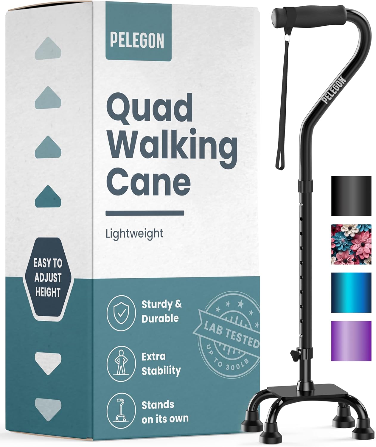 Quad Cane (300 lb) - Adjustable Walking Cane with A Large 4 Pronged Base for Extra Balance & Stability, Walking Canes