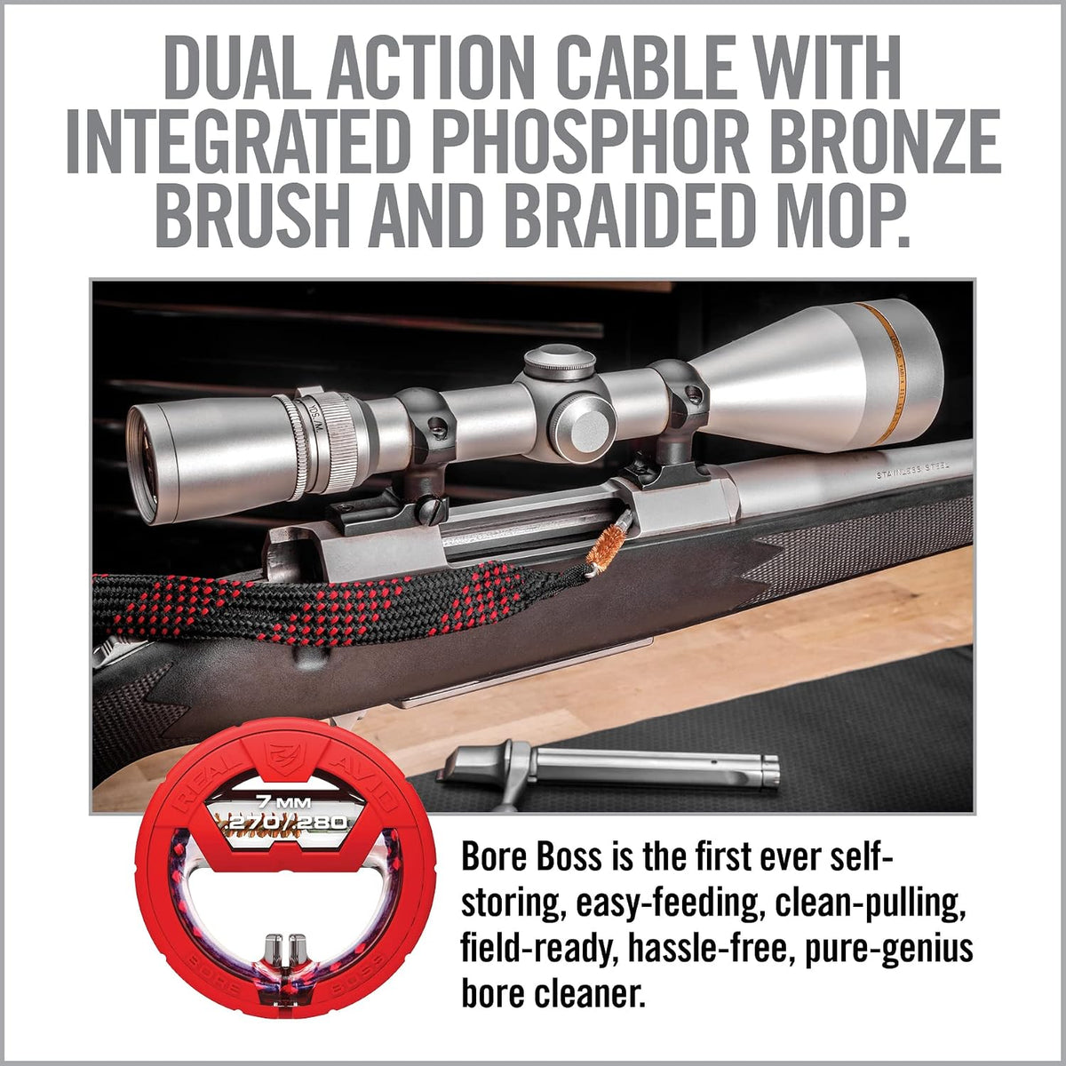 Bore Boss Gun Cleaning System - Rapid Pull Through Barrel & Bore Cleaning Cable with Integrated Brush & Mop - Choose