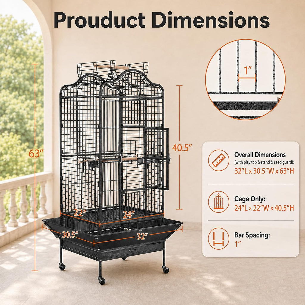 Extra Large Bird Cage 63'' Open Play Top Bird Cage for African Grey Parrots/Amazon Parrot/Caiques/Macaw with 360° Wheels
