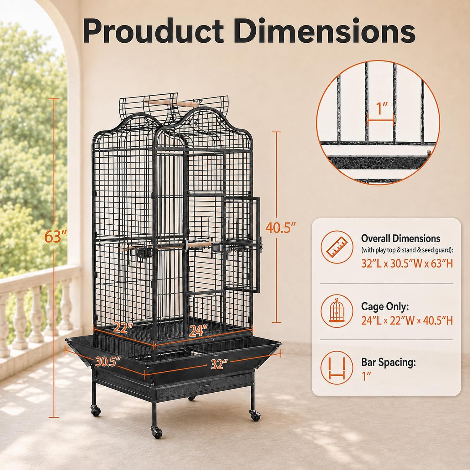 Extra Large Bird Cage 63'' Open Play Top Bird Cage for African Grey Parrots/Amazon Parrot/Caiques/Macaw with 360° Wheels
