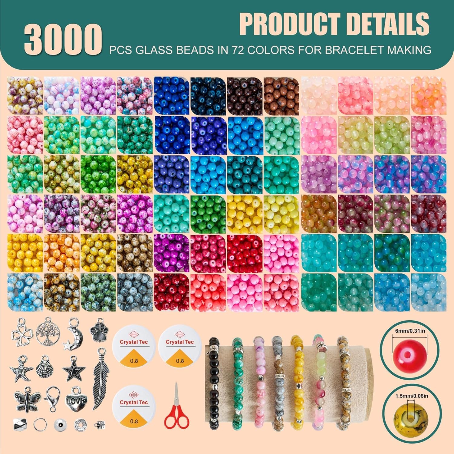 6MM Glass Beads Kit for Jewelry Making - 3 Box Set 72 Colors, 3000pcs Round Colorful Beads for DIY, Beads for