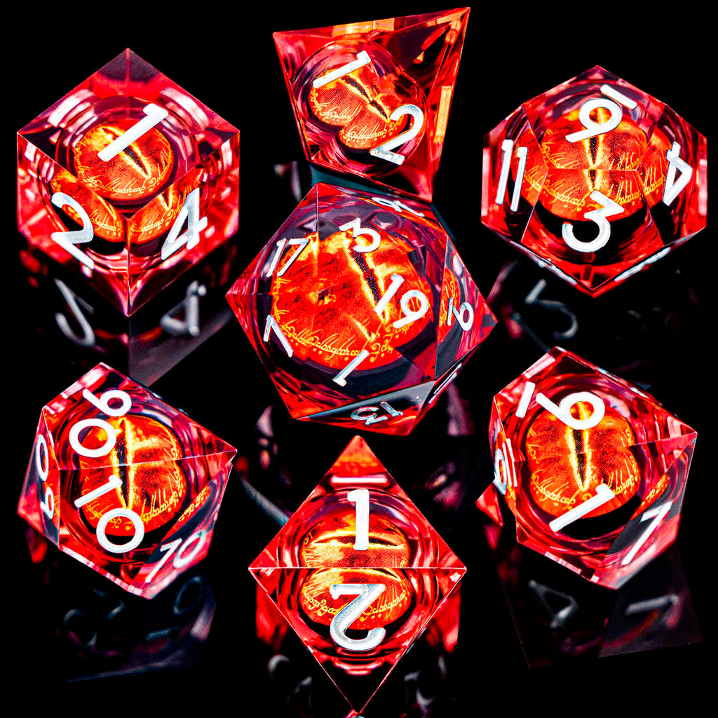 RPG Resin Dice Gazes Eye Dice Silver Red Liquid Core Flaming RPG Sharp Edged Dice Set with Gift Box, Polyhedral D and