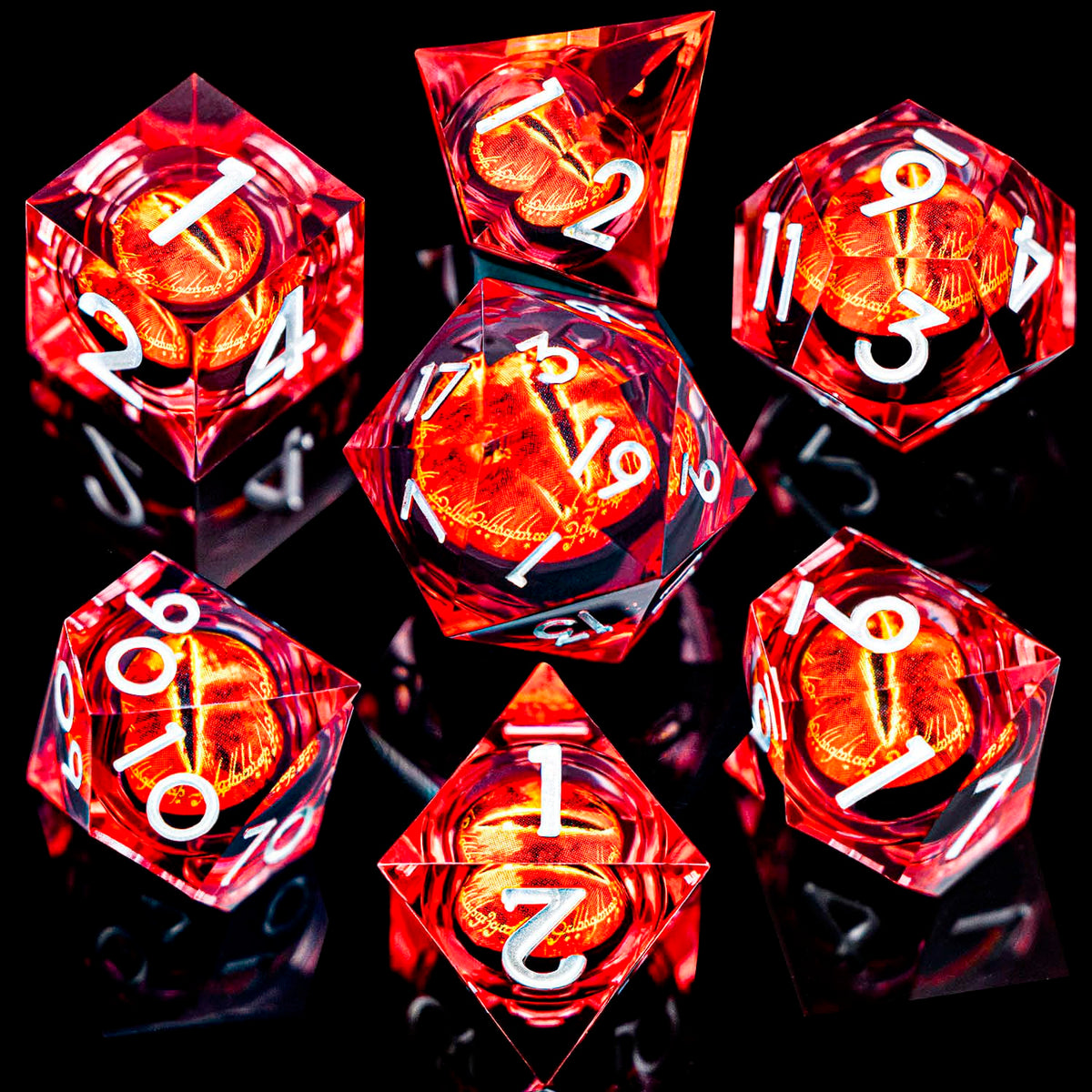 RPG Resin Dice Gazes Eye Dice Silver Red Liquid Core Flaming RPG Sharp Edged Dice Set with Gift Box, Polyhedral D and