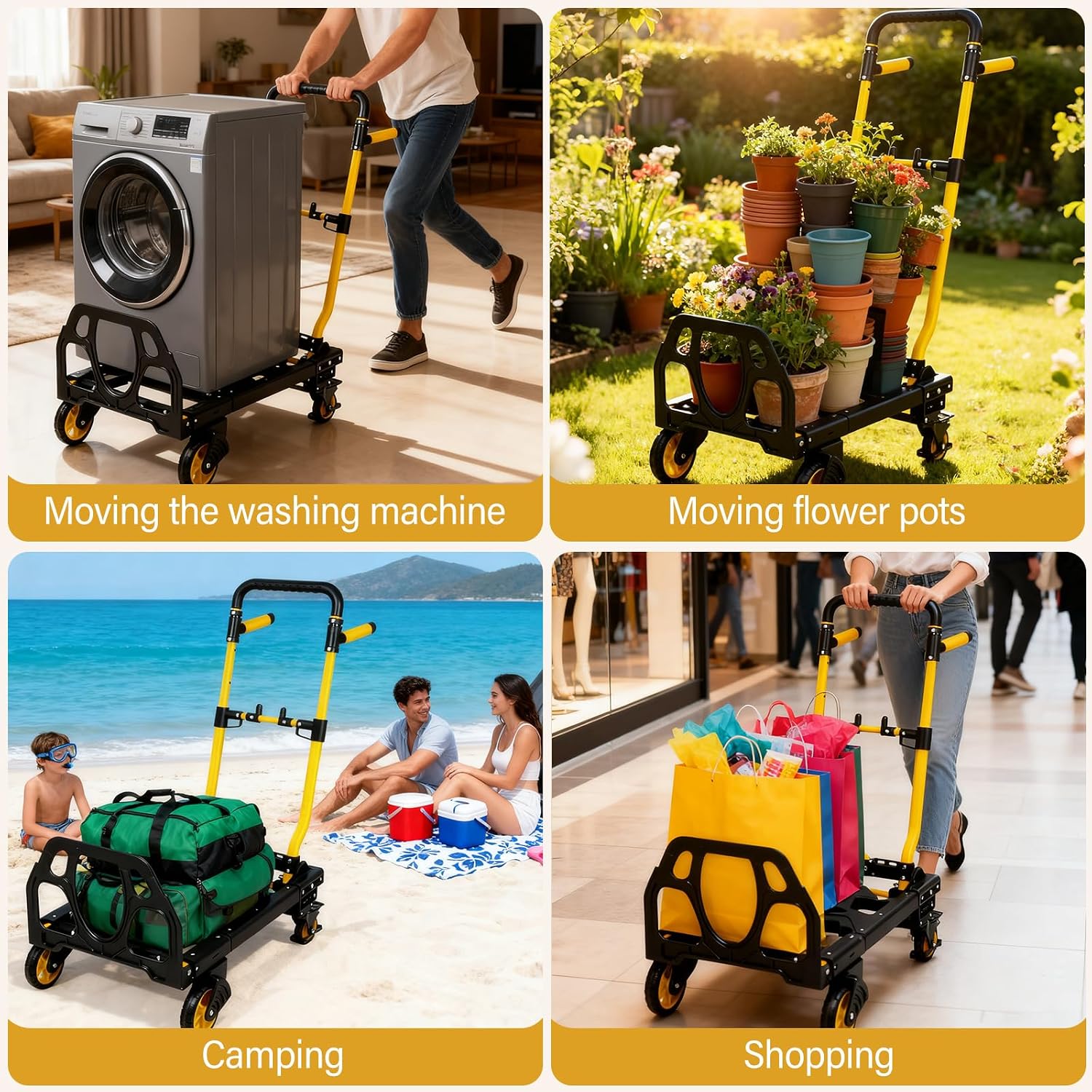Folding Hand Truck Dolly, 330 lbs Heavy Duty Convertible 2-in-1 Dolly Cart with 3-Level Adjustable Handle, 360°