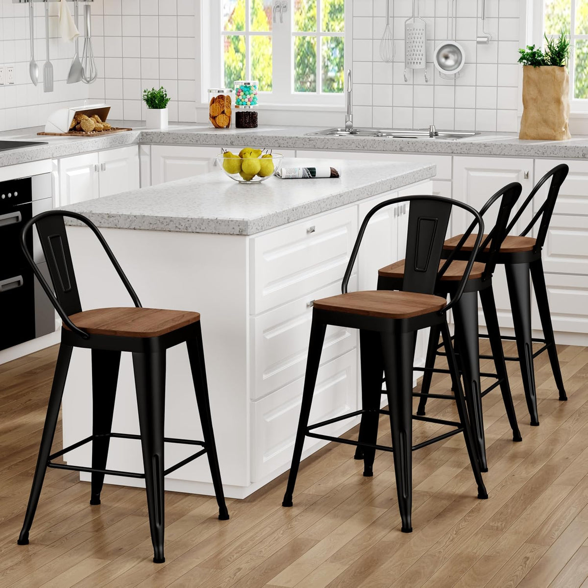 Metal Bar Stools Set of 4, 30" Black Bar Height Stools with Back