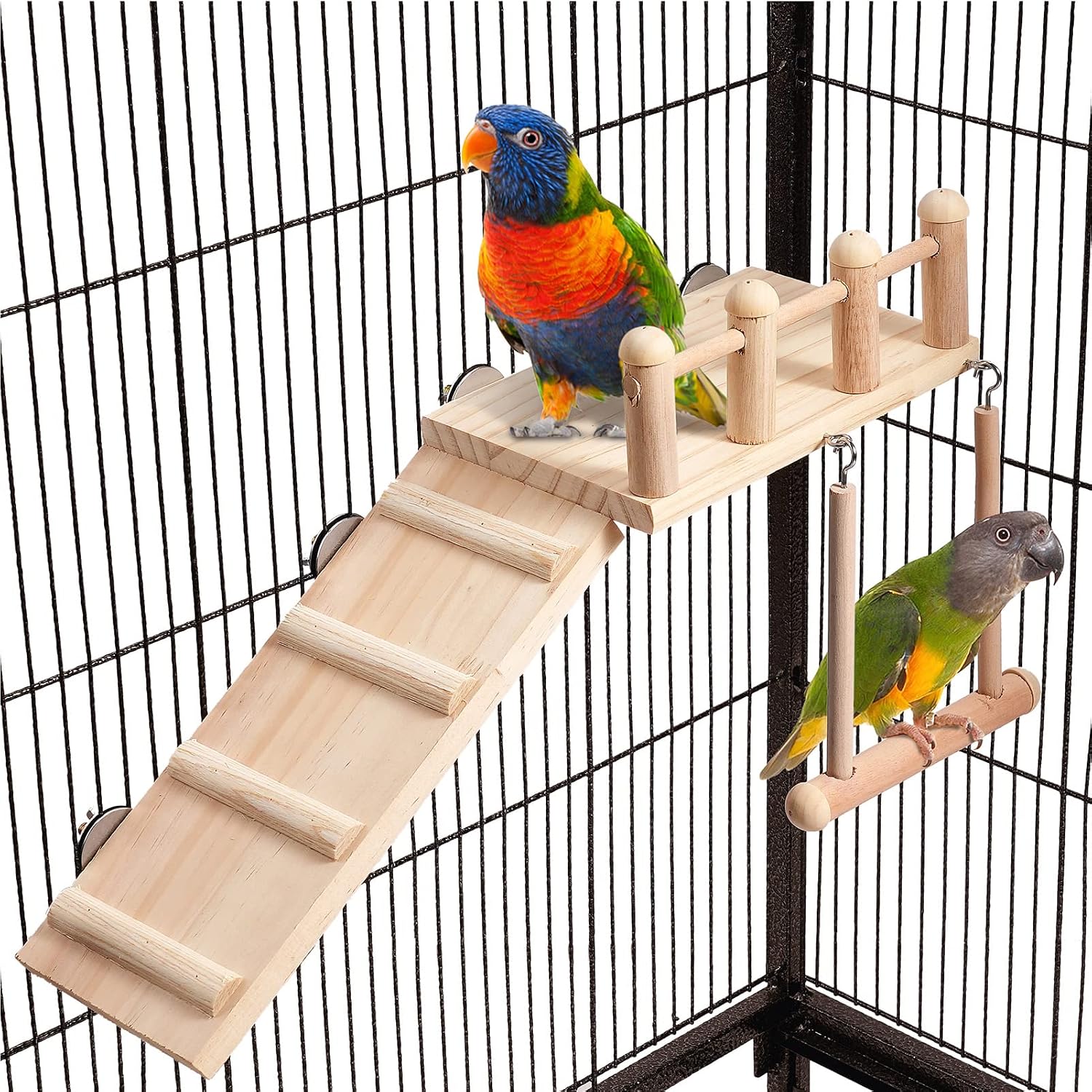 Bird Perches Platform Swing with Climbing Ladder, Parakeet Cage Accessories Wooden Playing Gyms Exercise Sturdy for