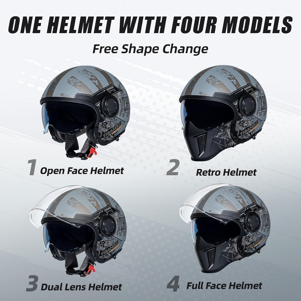 Convertible Full Face Motorcycle Helmet DOT Approved for Men Women | Detachable mask transforms to 3/4 open face