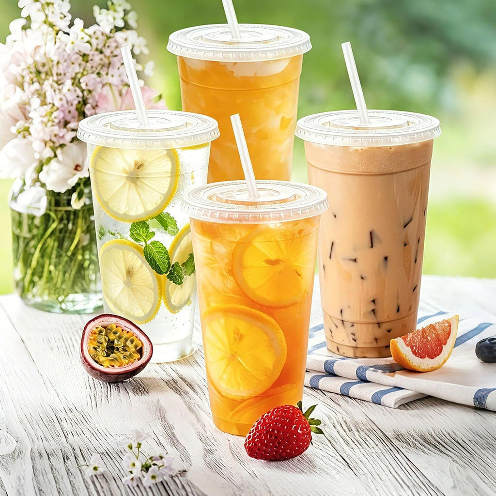 100 Pack 24 oz Clear Plastic Cups with Lids and Straws Disposable