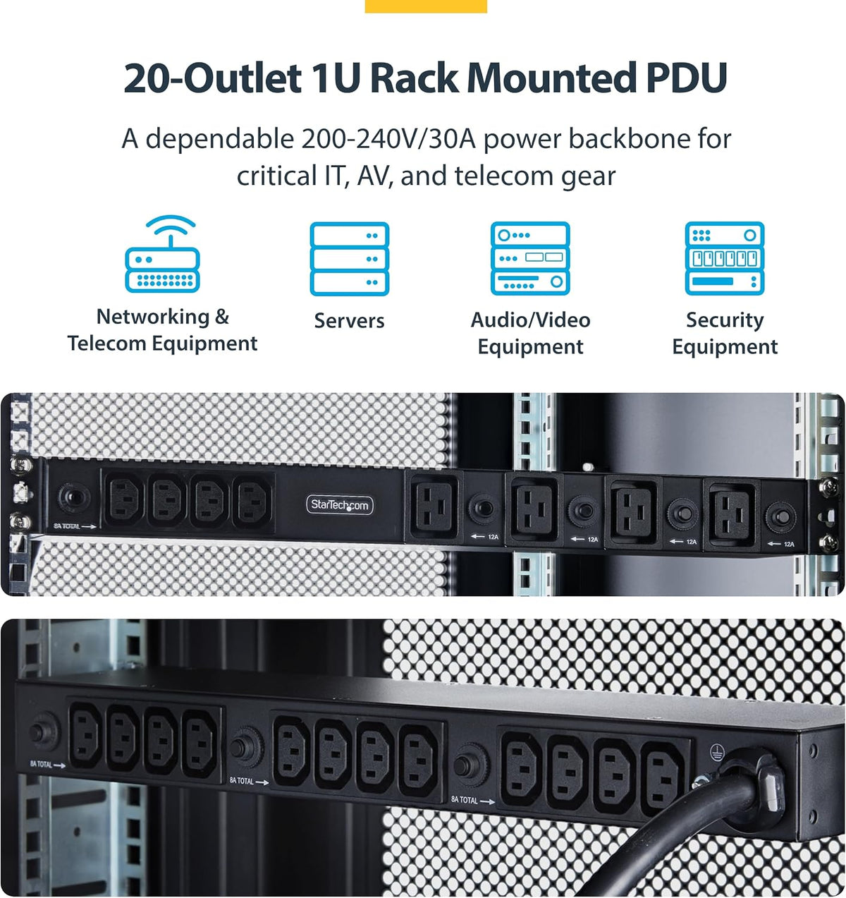StarTech 20-Outlet 1U PDU, C13 & C19, 30A 240V, TAA (2030B8H-RACK-PDU-IC)